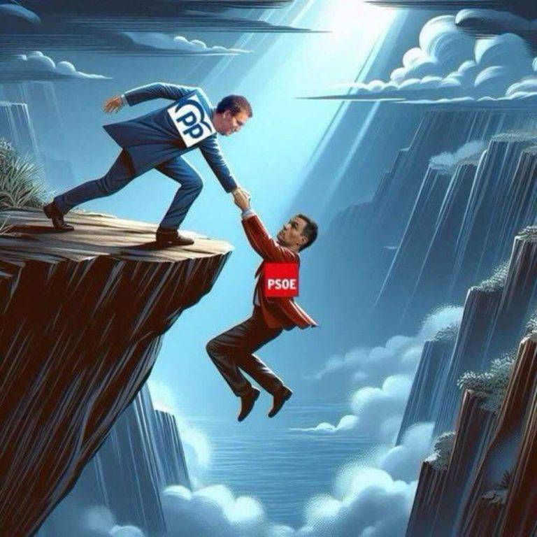 FOTOGRAFÍA. BARCELONA (REINO DE ESPAÑA), 10 DE ENERO DE 2024. Claves Acuerdo Sánchez y Feijóo sobre la jueces. Una ilustración realizada por la Inteligencia Artificial (IA) muestra al presidente del Partido Popular (PP), separatista gallego y diputado en el Congreso de los Diputados, Alberto Núñez Feijóo (i), salvando de las tinieblas de un precipicio secesionista y comunista del totalitarismo a su compinche progre, presidente del Gobierno de España en coalición y secretario general del PSOE, Pedro Sánchez Pérez-Castejón, tras semanas de campañas falsas de Feijóo y PP contra partido Socialista y Sánchez de cara a la galería popular azul pòr las calles del Reino de España. Los grupos de Whatsapp de la resistencia española al golpe de Estado sanchista/Lasvocesdelpueblo (Ñ Pueblo)