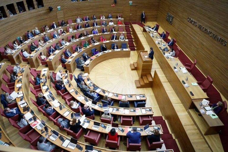FOTOGRAFÍA. VALENCIA (COMUNITAT VALENCIANA) REINO DE ESPAÑA, JUEVES SANTO 28 DE MARZO DE 2024. Ley prohíbe a TV3 llamar País Valencià a Comunitat Valenciana. Detalle de una vista general del hemiciclo de las Cortes Valencianas donde el partido del patriotismo y obreros de España VOX del resistente, disidente y autsider Santiago Abascal Conde junto a la derechista cobarde Partido Popular (PP) del amigo del narco gallego y progre Alberto Núñez Feijóo gozan de mayoría absoluta desde el pasado 28 de mayo de 2023. Lasvocesdelpueblo (Ñ Pueblo)
