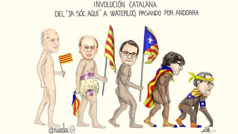 FOTOGRAFÍA. BARCELONA (REINO DE ESPAÑA). Psicopatología del nacionalismo por el profesor universitario catalán, Javier Barraycoa Martínez. Comprensión del nacionalismo desde perspectiva nada habitual. "Involución Catalana. Del "Ja soc aquí a Waterloo pasando por Andorra". En la imagen, de izquierda a la derecha, els presidents del Govern de la Generalitat de Catalunya Francesc Macià Llussà ​ que firmó como Francisco Maciá hasta los 55 años​​ (Vilanova i la Geltrú, 1859 - Barcelona, 1933); Jordi Pujol Soley (Barcelona, 9 de junio de 1930), Artur Mas Gavarró (Barcelona, 31 de enero de 1956), Carles Puigdemont Casamajó​ (Amer, Gerona, 29 de diciembre de 1962), y Joaquim Torra Pla (Blanes, 28 de diciembre de 1962). Cuenta Twitter @nuralai67/Javier Barraycoa Martínez/Lasvocesdelpueblo (Ñ Pueblo)