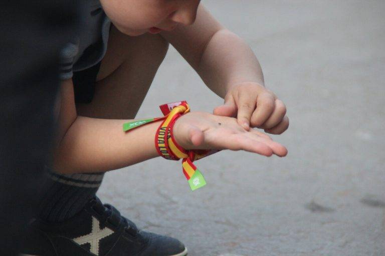 FOTOGRAFÍA. RUBÍ (BARCELONA) REINO DE ESPAÑA, 05 DE ABRIL DE 2024 (LASVOCESDELPUEBLO). Listas completas candidaturas VOX al 12M. Detalle de las manos de un "niño VOX". El candidato de VOX a presidir el Govern de la Generalitat de Catalunya y cabeza de lista por la provincia de Barcelona al Parlament de Catalunya a las elecciones catalanas del próximo domingo 12 de mayo de 2024, Ignacio Garriga Vaz de Conceiçao, ha exhibido músculos hoy durante una visita en Rubí (Barcelona) con la fuerte representación municipal de su formación -tercero en el municipio desde las municipales del 28 de mayo de 2023, liderada por la concejala y portavoz del Grupo Municipal, Nerea Andrés Antón, y los concejales Francisco Javier Cebrián Moreno y Carlos Velarde Ávila. Una columna muy reducida de antiVOX, grupos separatistas de unas 9 personas, se ha congregado la calle Cal Gerrer, número 2 (Mercado Municipal Cal Gerrer) de Rubí, para intentar impedir el acto, lanzando consignas contra VOX y exhibiendo pancartas con mensajes falsos y antiVOX. Lasvocesdelpueblo (Ñ Pueblo)