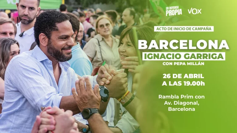 FOTOGRAFÍA. BARCELONA (REINO DE ESPAÑA), 23 DE ABRIL DE 2024. Millán inaugurará la campaña de VOX en Cataluña. La política cordobesa María José Rodríguez de Millán Parro (Pepa Millán) arropará al candidato al President del Govern de la Generalitat de Catalunya, Ignacio Garriga Vaz de Conceiçao, en el primer mitin de campaña electoral en el centro de la ciudad de Barcelona. Cartel VOX/Lasvocesdelpueblo (Ñ Pueblo)