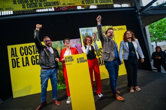 FOTOGRAFÍA. TARRASA (BARCELONA) REINO DE ESPAÑA, 01 SE MAYO DE 2024. Aragonés: "Quizás a mí  me correspondería jefe de la oposición" . El presidente de la Generalitat de Cataluña y candidato de Esquerra Republicana de Catalunya (ERC) a la reelección, Pere Aragonés, participa este miércoles en un acto de campaña electoral de ERC en Tarrasa (Barcelona). Lasvocesdelpueblo