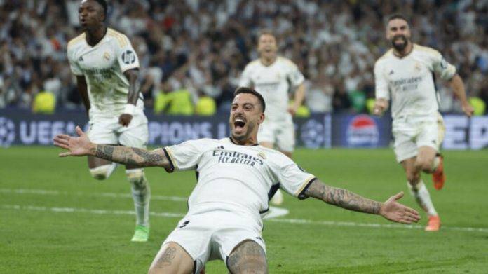 FOTOGRAFÍA. MADRID (REINO DE ESPAÑA), Real Madrid gana al Bayern y buscará la decimoquinta en Wembley. El delantero del Real Madrid, Joselu, celebra el segundo gol del equipo madridista durante el encuentro correspondiente a la vuelta de las semifinales de la Liga de Campeones que disputaron Real Madrid y Bayern de Munich en el estadio Santiago Bernabéu, en Madrid. Efe