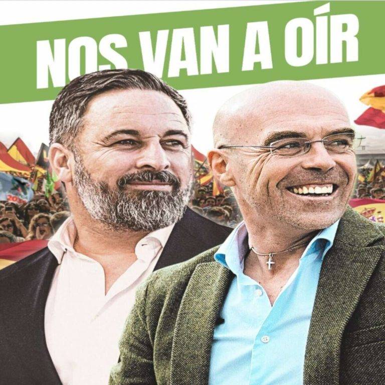 FOTOGRAFÍA. MADRID (REINO DE ESPAÑA), 21 DE MAYO DE 2024. El Programa Electoral de VOX para las europeas del 9J. En el cartel Electoral de la Resistencia, aparece en la izquierda el líder opositor español, Santiago Abascal Conde, y en la derecha, el candidato Jorge Buxadé Villalba, junto a la frase "Nos van a oír". Lasvocesdelpueblo (Ñ Pueblo) 