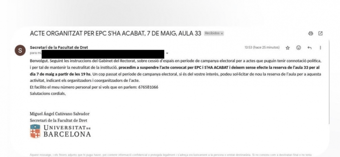 FOTOGRAFÍA. BARCELONA (REINO DE ESPAÑA), 02 DE MAYO DE 2024. La UB cancela el acto "Criminalidad en Cataluña: Presente y Futuro". En la imagen el aviso de cancelación de la Universidad de Barcelona a la juventud patriota de Cataluña, S'ha Acabar! (S'!), que Lasvocesdelpueblo ha tenido acceso hoy. Lasvocesdelpueblo (Ñ Pueblo)