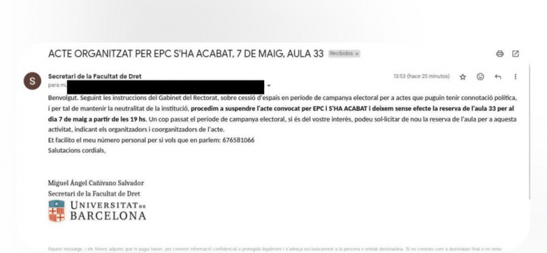 FOTOGRAFÍA. BARCELONA (REINO DE ESPAÑA), 02 DE MAYO DE 2024. La UB cancela el acto "Criminalidad en Cataluña: Presente y Futuro". En la imagen el aviso de cancelación de la Universidad de Barcelona a la juventud patriota de Cataluña, S'ha Acabar! (S'!), que Lasvocesdelpueblo ha tenido acceso hoy. Lasvocesdelpueblo (Ñ Pueblo)