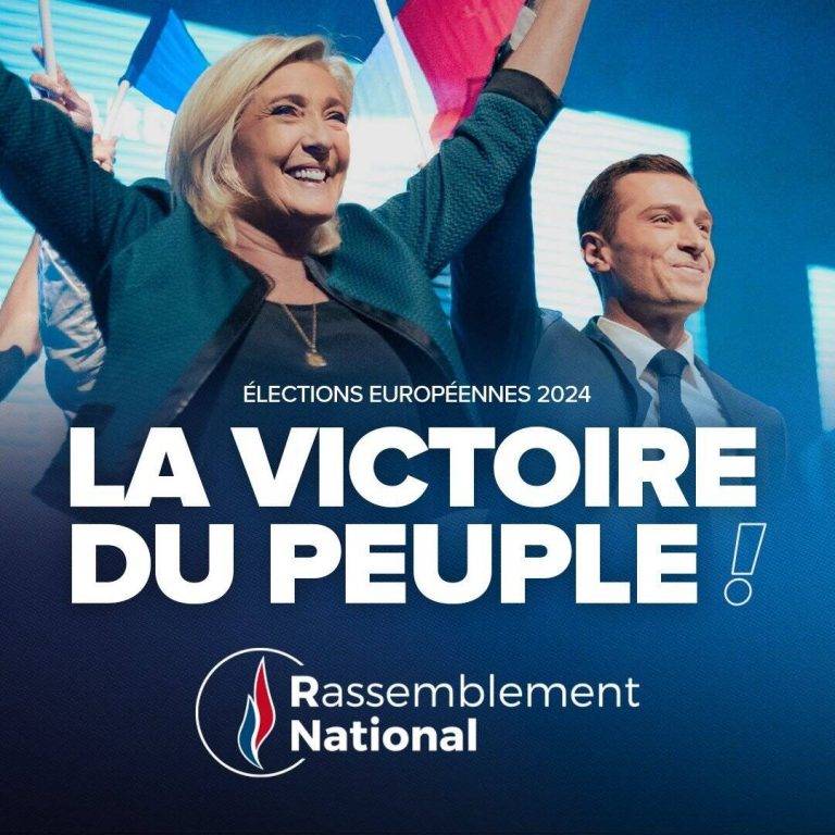 FOTOGRAFÍA. PARÍS (FRANCIA), 09 DE JUNIO DE 2024. Francia| Aplastante victoria de socio de VOX y adelanto electoral, NOCHE ELECTORAL DEL 9j, ELECCIONES EUROPEAS 2024. Aplastante victoria en las urnas del partido  del pueblo y patriotismo francés, Rassemblement Nacional (RN) -Agrupamiento Nacional-, que lidera el tándem Marion Anne Perrine Le Pen (Marine Le Pen) (i) y Jordan Bardella (d). "Esta noche es tu victoria, es la victoria del Pueblo". "Gracias a los millones de franceses que se movilizaron y votaron masivamente por la lista Jordan Bardella". "Con nosotros vuelve Francia", afirman fuentes de rassemblement Nacional tras cosechar una aplastante victoria europea en las urnas de este domingo, 9 de junio de 2024. RN/Lasvocesdelpueblo (Ñ Pueblo)