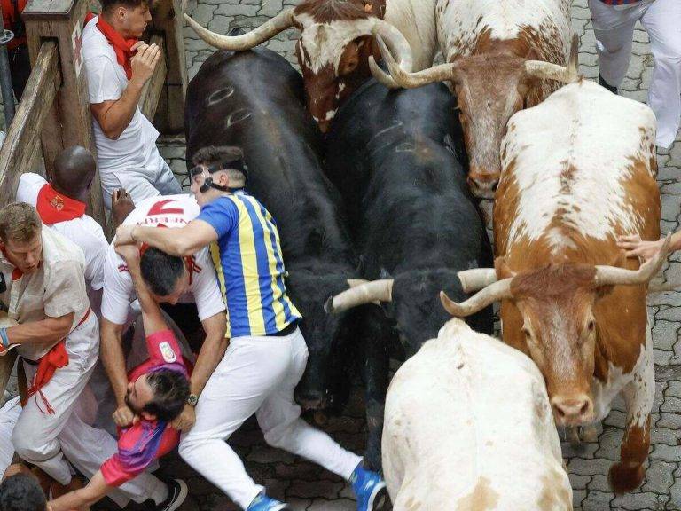 FOTOGRAFÍA. PAMPLONA (REINO DE ESPAÑA), 09 DE JULIO DE 2024. Sanfermines 2024 9J| Dos trasladados al hospital.- Los toros de Victoriano del Río protagonizan un rápido encierro. Mozos son perseguidos por toros de Victoriano del Río en el tercer encierro de los Sanfermines este martes, en Pamplona. Efe