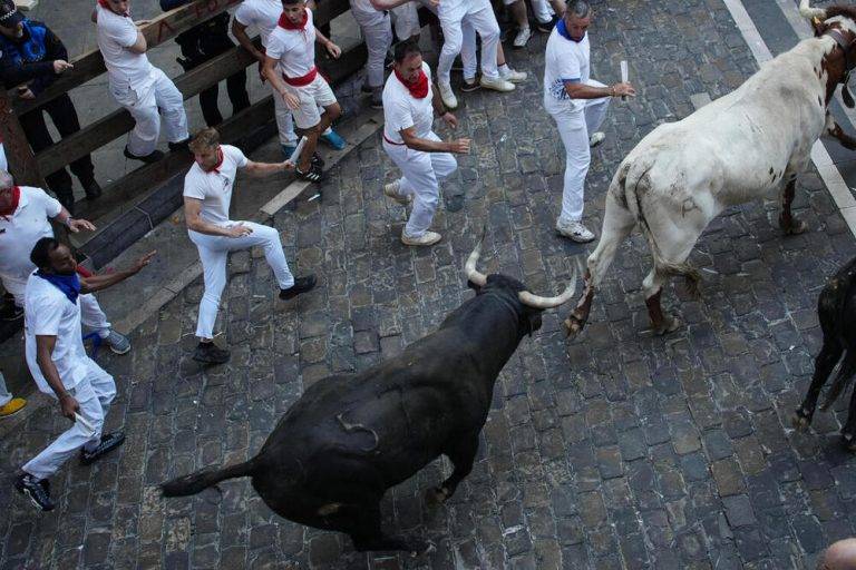 FOTOGRAFÍA. PAMPLONA (NAVARRA) REINO DE ESPAÑA, 08 DE JULIO DE 2024. Cielos cubiertos y lluvias en el Reino de España. Varios mozos son perseguidos durante el segundo encierro de los Sanfermines protagonizados por la ganadería de los Herederos de D. José Cebada Gago, de Medina Sidonia (Cádiz), este lunes en Pamplona. Efe
