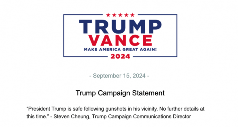 FOTOGRAFÍA. MIAMI (ESTADOS UNIDOS DE AMÉRICA), 15 DE SEPTIEMBRE DE 2024. En la imagen: el comunicado del equipo de campaña del presidente y candidato Donald John Trump tras el fallido golpe progresista, comunista y globalista. "TRUMP-VANCE (¡Make America Great Again! 15 de septiembre de 2024 - Declaración de campaña de Trump. 'El presidente Trump está a salvo después de los disparos en su vecindad. No hay más detalles en este momento'. - Steven Cheung, director de comunicaciones de la campaña de Trump". ("TRUMP-VANCE (Make America Great Again! September 15, 2024 - Trump Campaign Statement.'President Trump is safe following gunshots in his vicinity. No further details at this time'. - Steven Cheung, Trump Campaign Communications Director"). Campaña presidencial sin precedentes: nuevo intento de asesinar al candidato Donald John Trump, el candidato al juicio del enemigo no puede llegar de ninguna manera vivo el día de las elecciones porque va a ganar los comicios y volverá a la Casa Blanca a cambiar el mundo y hacer grande otra vez a los Estados Unidos. Equipo Campaña de Donald John TrumP/Lasvocesdelpueblo (Ñ Pueblo)