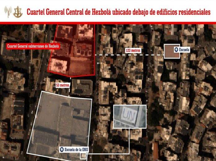 FOTOGRAFÍA. Beirut (Líbano), domingo 29 de septiembre de 2024.- "53 metros, esa es la distancia entre una escuela de la Organización de las Naciones Unidas (ONU) y el Cuartel General subterráneo de Hezbolá, donde el líder supremo del Hezbolá, Hassan Nasrallah, fue eliminado junto a más de 20 terroristas adicionales", por parte de las Fuerzas de Defensa de israel (FDI), históricos guerreros santos integrantes del Ejército de defensa de la tierra Santa, el Tzáhal. FDI/Lasvocesdelpueblo (Ñ Pueblo)