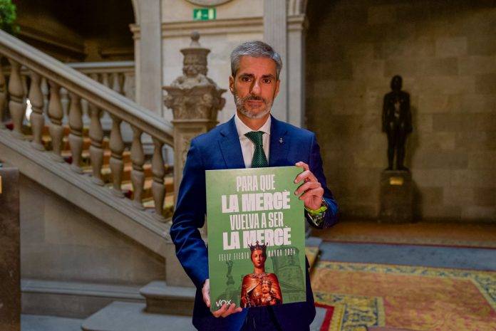 Vox, la Mercè 2024, Oro-Pulido FOTOGRAFÍA. Barcelona (Reino de España), jueves 20 de septiembre de 2024 (Lasvocesdelpueblo).- El presidente del Grupo Municipal de Vox en el Ayuntamiento de Barcelona, Gonzalo de Oro-Pulido Plaza, junto al concejal de la Resistencia, Liberto Mariano Senderos Oliva, ha presentado hoy la campaña de la Resistencia "Para Que la Mercè Vuelva a Ser la Mercè (Per a Que la Mercè Torna a Ser la Mercè). Lasvocesdelpueblo (Ñ Pueblo)