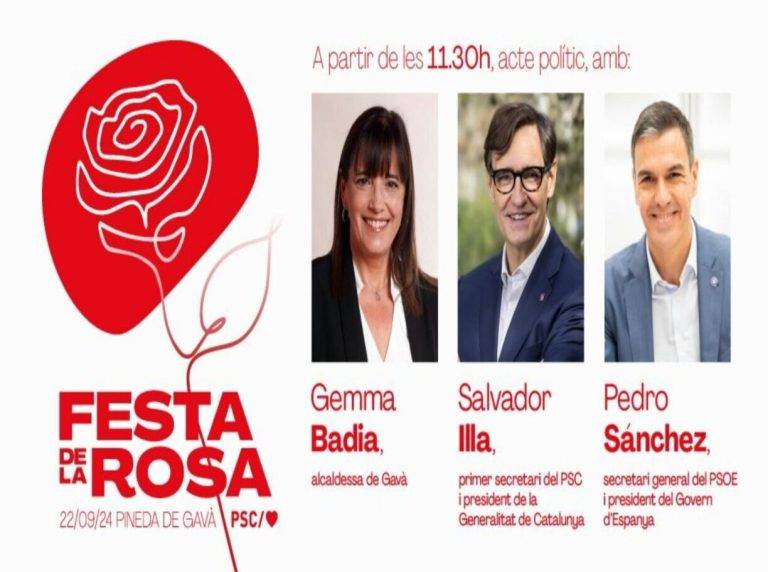 FOTOGRAFÍA. GAVÁ (COMARCA DEL BAJO LLOBREGAT) PROVINCIA DE BARCELONA (CATALUÑA) REINO DE ESPAÑA, 22 DE SEPTIEMBRE DE 2024. La lluvia boicotea a Sánchez en Gavá.- En la imagen el cartel oficial del acto público del Partit dels Socialistes de Catalunya (PSC), marca blanca del socialismo en Cataluña, en el que participarían la alcaldesa ultra del PSC, Gemma Badia Cequier (i); el presidente del Govern de la Generalitat de Catalunya, exministro de Sanidad y primer secretario del PSC, el radical camuflado Salvador Illa Roca (c), y el presidente del Gobierno de coalición comunista del Reino de España y secretario general del socialismo/comunismo PSOE, Pedro Sánchez Pérez-Castejón. Partit dels Socialistes de Catalunya (PSC)/Lasvocesdelpueblo (Ñ Pueblo)