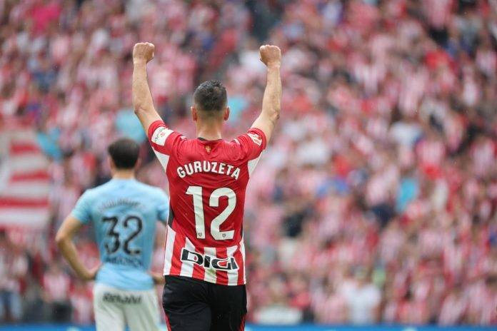 FOTOGRAFÍA. BILBAO (LAS VASCONGADAS) REINO DE ESPAÑA, 22 DE SEPTIEMBRE DE 2024. Tercera victoria consecutiva del Athletic Club (3-1).- El delantero del Athletic Club Gorka Guruzeta celebra uno de sus goles durante su partido de la jornada 6 de LaLiga contra el Celta de Vigo en el estadio de San Mamés en Bilbao este domingo. Efe