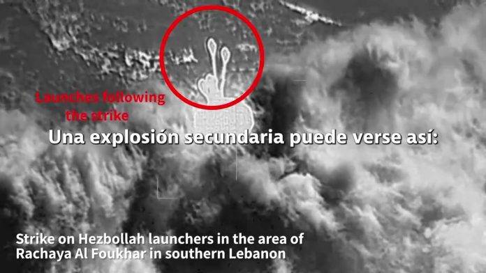 FOTOGRAFÍA. BERUT 8LÍBANO), 25 DE SEPTIEMBRE DE 2024. Las Fuerzas de Defensa de Israel (FDI), integrantes del Ejército de defensa de Israel, el Tzáhal, atacan al grupo terrorista yihadista socio de la República islámica de Irán en el Medio Oriente, el Hezbolá, donde más le duele, después de conseguir que los civiles libaneses abandonan la zona y se puede comprobar varias explosiones secundarias tras respuesta de Israel contra municiones almacenadas del Hezbolá. captura vídeo del Tzáhal/Lasvocesdelpueblo (Ñ Pueblo)
