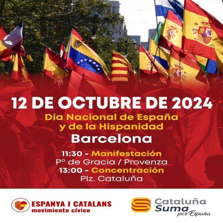 FOTOGRAFÍA. BARCELONA (REINO DE ESPAÑA), 08 DE SEPTIEMBRE DE 2024. Celebración en Barcelona de la Fiesta Nacional e Hispanidad.- Detalle del cartel de la convocatoria de la manifestación y concentración de los catalanes , con el motivo del Día nacional del Reino de España e Hispanidad 2024, el Doce de Octubre, en las calles del centro de la ciudad de Barcelona, que organiza la entidad catalana "Movimiento Cívico d'Espanya i Catalans", en colaboración con la plataforma de entidades y asociaciones cívicas catalanas "Cataluña Suma por España". Lasvocesdelpueblo (Ñ Pueblo)