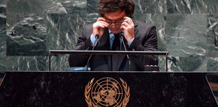 FOTOGRAFÍA. NACIONES UNIDAS (NUEVA YORK) ESTADOS UNIDOS DE AMÉRICA, 24 DE SEPTIEMBRE DE 2024. El presidente de la República de Argentina, Javier Gerardo Milei, interviene desde la Tribuna de la 79° Asamblea General de la Organización de las Naciones Unidas (ONU), un discurso muy crítico y el más duro jamás pronunciado contra esta organización que en la actualidad sirve intereses ocultos. Efe