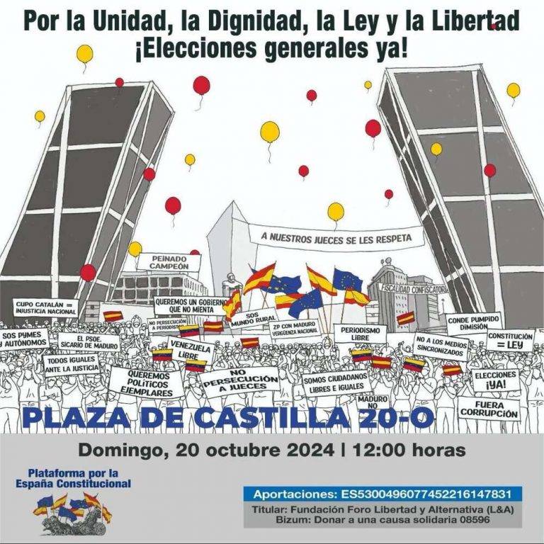 FOTOGRAFÍA. MADRID (REINO DE ESPAÑA), 20 DE OCTUBRE DE 2024. Detalle del cartel de la protesta convocada por "Plataforma por la España Constitucional" una sucursal de  la Fundación Foro Libertad y Alternativa (L&A) contra la corrupción de La Moncloa, Presidencia del Gobierno de España de Pedro Sánchez Pérez-Castejón, una "organización criminal", denuncian los asistentes en sus mensajes de movilización para la protesta. Lasvocesdelpueblo (Ñ pueblo)