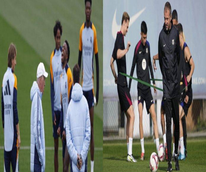Clásico El mejor FC Barcelona encara el reto mayor en casa del vigente campeón Real Madrid dominante en los últimos capítulos COMBO DE FOTOGRAFÍAS. FOTA IZQUIERDA: VALDEBEBAS (COMUNIDAD DE MADRID) REINO DE ESPAÑA, 25 DE OCTUBRE DE 2024. El entrenador del Real Madrid, Carlo Ancelotti (2i) durante el entrenamiento del equipo este viernes en la ciudad Deportiva de Valdebebas en Madrid antes de su enfrentamiento liguero de mañana contra el FC Barcelona. Efe; FOTO DERECHA: SANT JOAN DESPÍ (COMUNIDAD AUTÓNOMA DE CATALUÑA), 25 DE OCTUBRE DE 2024. El entrenador del FC Barcelona, el alemán Hansi Flick, durante el entrenamiento realizado este mediodía en la ciudad deportiva Joan Gamper de Sant Joan Despí (Barcelona), de cara al partido de la Liga que jugarán mañana frente al Real Madrid. Efe. Combo Lasvocesdelpueblo (Ñ Pueblo)