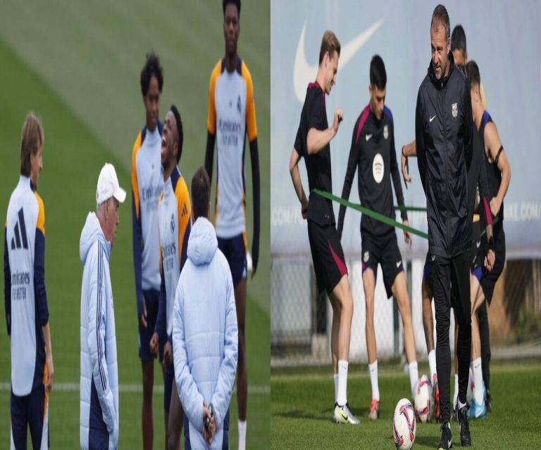 COMBO DE FOTOGRAFÍAS. FOTA IZQUIERDA: VALDEBEBAS (COMUNIDAD DE MADRID) REINO DE ESPAÑA, 25 DE OCTUBRE DE 2024. El entrenador del Real Madrid, Carlo Ancelotti (2i) durante el entrenamiento del equipo este viernes en la ciudad Deportiva de Valdebebas en Madrid antes de su enfrentamiento liguero de mañana contra el FC Barcelona. Efe; FOTO DERECHA: SANT JOAN DESPÍ (COMUNIDAD AUTÓNOMA DE CATALUÑA), 25 DE OCTUBRE DE 2024. El entrenador del FC Barcelona, el alemán Hansi Flick, durante el entrenamiento realizado este mediodía en la ciudad deportiva Joan Gamper de Sant Joan Despí (Barcelona), de cara al partido de la Liga que jugarán mañana frente al Real Madrid. Efe. Combo Lasvocesdelpueblo (Ñ Pueblo)