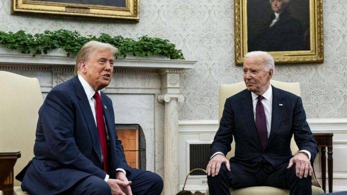 FOTOGRAFÍA. WASHINGTON (ESTADOS UNIDOS DE AMÉRICA), 13 DE NOVIEMBRE DE 2024. El presidente de EE. UU., Joe Biden (d), y el presidente electo, Donald Trump (i), durante una reunión en la Oficina Oval de la Casa Blanca en Washington, DC, EE. UU., el 13 de noviembre de 2024. Efe