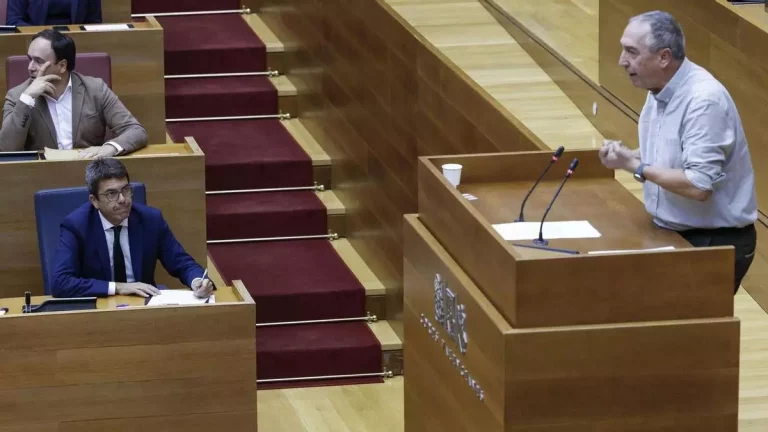 FOTOGRAFÍA. VALENCIA (COMUNIDAD VALENCIANA) REINO DE ESPAÑA, 15 DE NOVIEMBRE DE 2024. El portavoz del Grupo Parlamentario de Compromís en Les Corts Valencianes, Joan Baldoví Roda, se dirige al presidente del Govern de la Generalitat Valenciana por el Partido Popular (PP), Carlos Mazón Guixot, en Las Cortes Valencianas, durante el Pleno monográfico sobre los efectos devastadores de la Depresión Aislada en Niveles Altos (DANA) o (gota fría). Efe