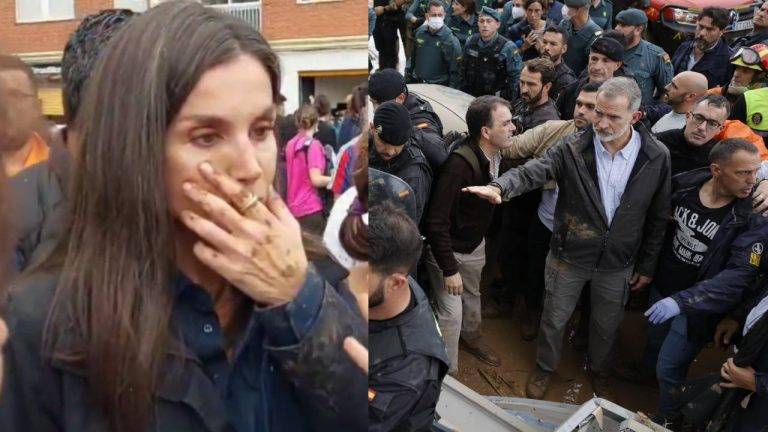 FOTOGRAFÍA. PAIPORTA (VALENCIA) COMUNIDAD VALENCIANA (REINO DE ESPAÑA, 03 DE NOVIEMBRE DE 2024. En la imagen, la reina de España Letizia Ortiz Rocasolano. Gritos de 'fuera', así como lanzamiento de barro, han recibido a la comitiva de sus majestades los reyes de España, el presidente del Gobierno de España, Pedro Sánchez Pérez-Castejón (PSOE), y el president del Govern de la Generalitat Valenciana, Carlos Mazón Guixot (PP), a su llegada al centro de Paiporta (Valencia) -zona cero del apocalipsi sobre la provincia de Valencia, la Depresión Aislada en Niveles Altos (DANA) o (gota fría) del martes 29 y miércoles 30 de octubre de 2024. Decenas de voluntarios y vecinos de Paiporta indignados tras sufrir el claro abandono de todas las instituciones del estados durante varios días en los han estado conviviendo con cadáveres de sus seres queridos en los refugios y otros sitios improvisados, han recibido con insultos a la comitiva, con gritos de "fuera, fuera" dirigido a los dos principales responsables: Pedro Sánchez Pérez-Castejón (PSOE) y Carlos Monzón Guixot (PP), y se han encarado con ella, mientras que tanto el rey como la reina ha intentado mediar con jóvenes que se les han acercado. Con la cara manchada de barro, igual que su abrigo, el rey ha seguido avanzando por una de las calles principales de esta localidad de la zona cero de la dana y ha tratado de tranquilizar a varios de los voluntarios, muy alterados tras cinco días de desastre por la riada. La reina también ha dialogado con algunos de los indignados, mientras que seguían los gritos de 'fuera, fuera' y algunos insultos dirigidos a todas las autoridades. Aunque en un principio la seguridad ha comenzado a abrir paraguas para evitar la caída de barro a la comitiva, posteriormente los han cerrado mientras que el rey seguía caminando y deteniéndose a hablar con los voluntarios y vecinos alterados. Efe.