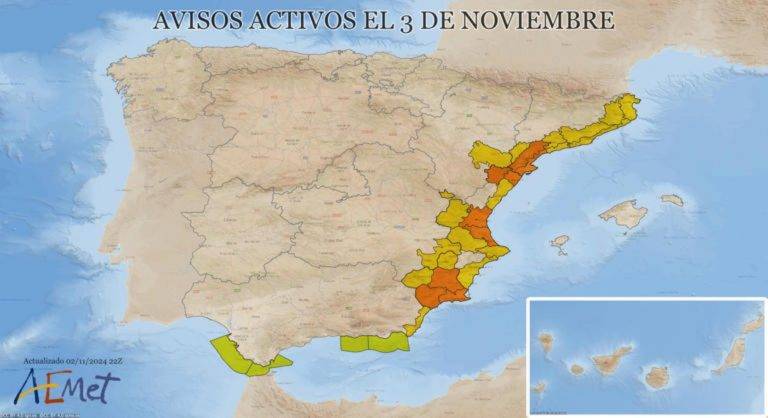 FOTOGRAFÍA. MADRID (REINO DE ESPAÑA), 02 DE NOVIEMBRE DE 2024. Imagen del mapa enviado hoy sábado por la Agencia Estatal de Meteorología con las alertas por lluvias en toda la zona de Levante y Cataluña. AEMET/Efe