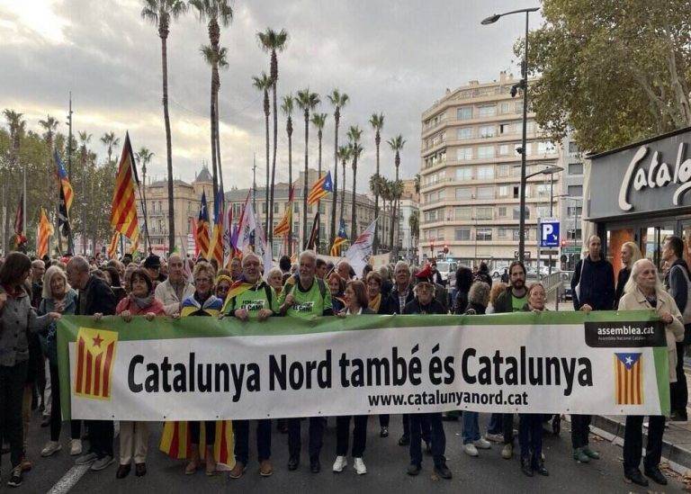 FOTOGRAFÍA. PERPIÑÁN (FRANCIA), 09 DE NOVIEMBRE DE 2024. Junto con los partidos separatistas ERC, CUP y JxCat, la asociación separatista Assemblea Nacional Catalana (ANC) del cantautor ultra Lluis Llach Grande, la entidad separatista catalanista del sur de Francia "Casal de Perpinyà", el Consell de la República Catalana que preside el prófugo de la Justicia española y presidente de JxCat Carles Puigdemont Casamajò y la asociación secesionista Òmnium Cultural se han movilizado esta tarde en Perpiñán (Francia) para reivindicar el uso del dialecto catalán también en el sur de Francia y la construcción de un Estado amarillo de sus llamado "Países Catalanes" (Països Catalans). ANC/Lasvocesdelpueblo (Ñ Pueblo)
