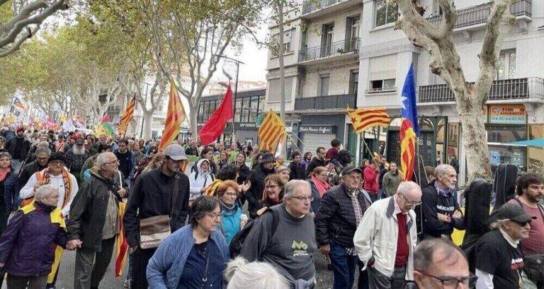 FOTOGRAFÍA. PERPIÑÁN (FRANCIA), 09 DE NOVIEMBRE DE 2024. Junto con los partidos separatistas ERC, CUP y JxCat, la asociación separatista Assemblea Nacional Catalana (ANC) del cantautor ultra Lluis Llach Grande, la entidad separatista catalanista del sur de Francia "Casal de Perpinyà", el Consell de la República Catalana que preside el prófugo de la Justicia española y presidente de JxCat Carles Puigdemont Casamajò y la asociación secesionista Òmnium Cultural se han movilizado esta tarde en Perpiñán (Francia) para reivindicar el uso del dialecto catalán también en el sur de Francia y la construcción de un Estado amarillo de sus llamado "Países Catalanes" (Països Catalans). ANC/Lasvocesdelpueblo (Ñ Pueblo)