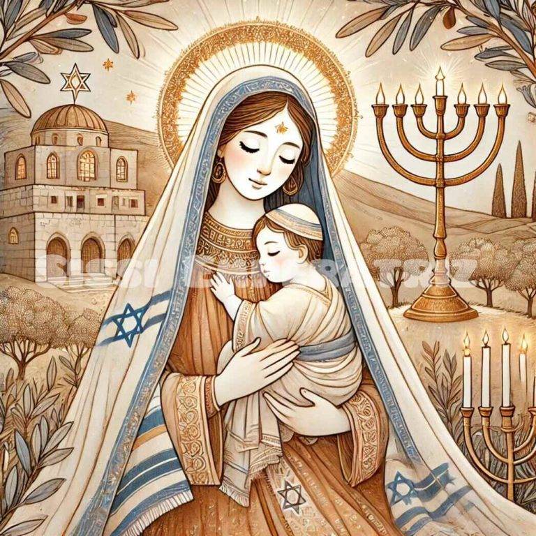 FOTOGRAFÍA. JERUSALÉN (ESTADO DE ISRAEL), 23 DE DICIEMBRE DE 2024. Detalle de una imagen sagrada creada con Inteligencia Artificial (IA), que muestra a María (madre del niño judío, "Jesús", junto al crío recién nacido en Judea (Estado de Israel), luciendo los colores de la bandera del país hebreo, junto a al menos dos Escudo de Armas de Israel (Emblema nacional de Israel), olivas, etc. Abogada y activista judía Sissi Emperatriz (GabyLob)/Lasvocesdelpueblo (Ñ Pueblo)