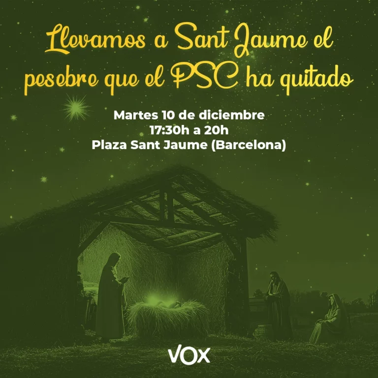 FOTOGRAFÍA. BARCELONA (REINO DE ESPAÑA), 09 DE DICIEMBRE DE 2024. El partido de las clases obreras y patriotismo español que preside el líder opositor en España Santiago Abascal Conde, VOX, va a instalar un Belén en el corazón político de la ciudad Barcelona (Plaza San Jaime de Barcelona) entre el Palacio del Govern de la Generalitat de Catalunya, ocupado por el líder del Partit dels Socialistes de Catalunya (PSC), la marca del Partido Socialista Obrero Español (PSOE) en la Comunidad autónoma de Cataluña, Salvador Illa Roca, y el Palacio del Ayuntamiento de Barcelona también ocupado por un Gobierno del PSC que preside el socialista Jaume Collboni Cuadrado, después de que los 'progresistas' socialistas, en marco de su campaña globalista y Wokismo, han decidido retirar de esta plaza el tradicional pesebre navideño para esta navidad 2024. Diseño VOX/Lasvocesdelpueblo (Ñ Pueblo)