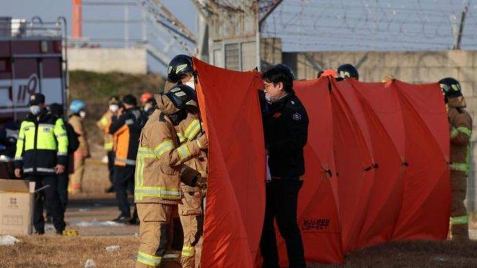 FOTOGRAFÍA. JEOLLA DEL SUR (COREA DEL SUR), 29 DE DICIEMBRE DE 2024. Las autoridades elevaron a 122 la cifra oficial de muertos, después de que este domingo un avión se saliera de la pista y chocara contra un vallado tras aterrizar en el aeropuerto internacional de Muan, en la provincia surcoreana de Jeolla del Sur (suroreste), aunque se cree que el resto de personas a bordo también habrían fallecido. Los bomberos realizan operaciones de rescate en el Aeropuerto Internacional de Muan (Corea del Sur), ,después de que un avión de pasajeros con 181 personas a bordo se estrellara. Efe