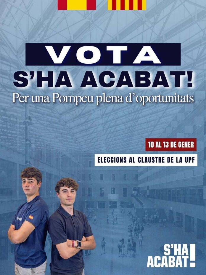 FOTOGRAFÍA. BARCELONA (REINO DE ESPAÑA), 10 D EDICIEMBRE DE 2024. La asociación patriota y constitucionalista S'ha Acabat! se presenta a las elecciones a la Facultad de Derecho de la Universidad Pompeu Fabra (UPF), comicios universitarios que tendrán lugar los próximos días 10 y 13 de enero de 2025. Encabezando la candidatura de S'ha Acabat!, "nos encontramos" con Elio Oliva y Manel Mesa, dos jóvenes comprometidos con los "valores de la igualdad, la pluralidad ideológica y el más profundo respeto a los derechos de todos los estudiantes". Lasvocesdelpueblo (Ñ Pueblo)