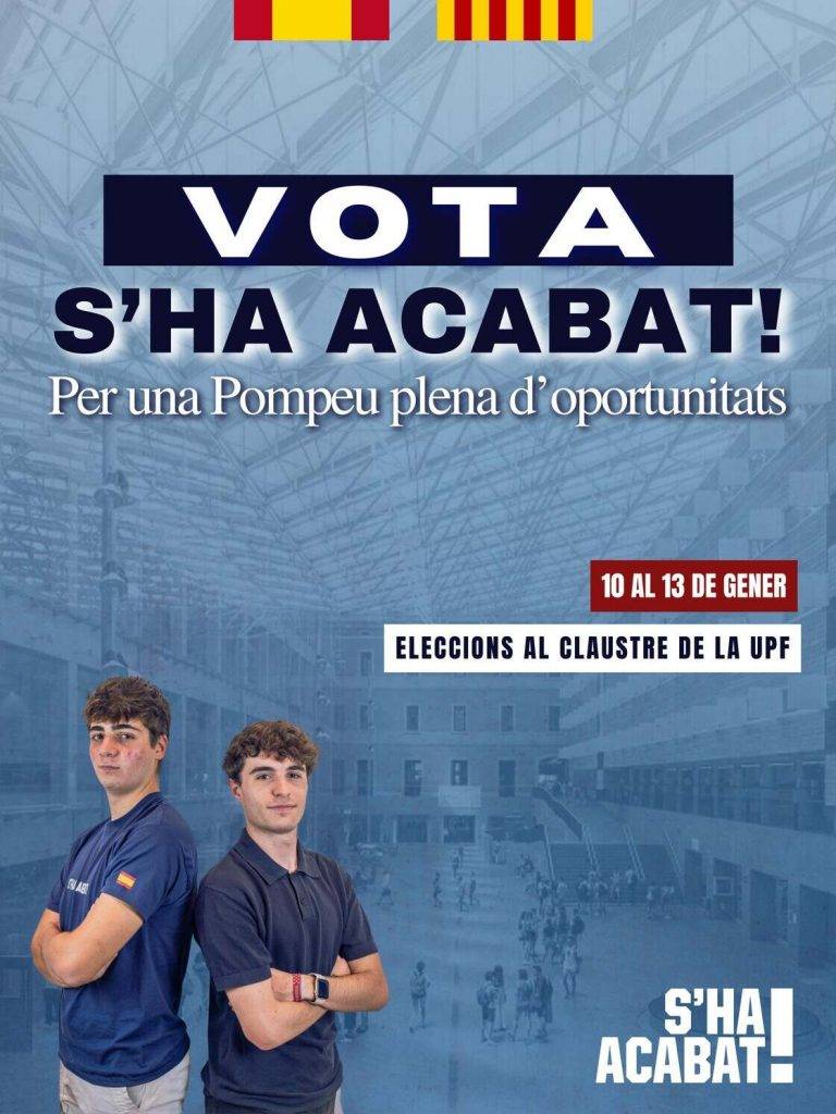 FOTOGRAFÍA. BARCELONA (REINO DE ESPAÑA), 10 D EDICIEMBRE DE 2024. La asociación patriota y constitucionalista S'ha Acabat! se presenta a las elecciones a la Facultad de Derecho de la Universidad Pompeu Fabra (UPF), comicios universitarios que tendrán lugar los próximos días 10 y 13 de enero de 2025. Encabezando la candidatura de S'ha Acabat!, "nos encontramos" con Elio Oliva y Manel Mesa, dos jóvenes comprometidos con los "valores de la igualdad, la pluralidad ideológica y el más profundo respeto a los derechos de todos los estudiantes". Lasvocesdelpueblo (Ñ Pueblo)