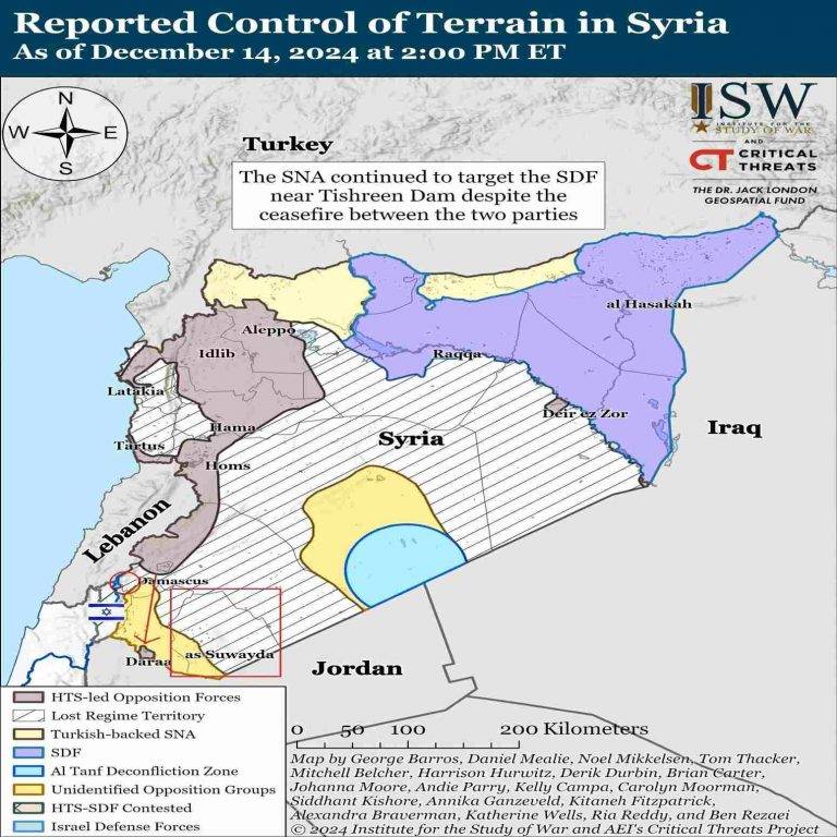 FOTOGRAFÍA. DAMASCO (REPÚBLICA ÁRABE DE SIRIA), 14 DE DICIEMBRE DE 2024. detalle de un mapa sobre un informe del control territorial de la República Árabe de Siria tras la caída del régimen del expresidente de la República Árabe de Siria, Bashar Háfez al-Ássad (Bachar al Asad) y la llegada al poder de la banda islamista integrante de la coalición de los rebeldes sirios, Hayat Tahrir al-Sham (HTS) —en español "Organización para la Liberación del Levante" o "Comité de Liberación del Levante"—. Gabriel Yerushalmi/Lasvocesdelpueblo (Ñ Pueblo)