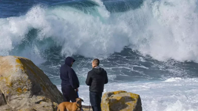 FOTOGRAFÍA. MUGÍA (LA CORUÑA) COMUNIDAD AUTÓNOMA DE GALICIA) REINO DE ESPAÑA, 25 DE ENERO DE 2025. Detalle de dos personas registradas este sábado durante su paseo con un perro en la costa de Mugía, un municipio​ español de la provincia de La Coruña, que pertenece a la comarca de Finisterre, en la Costa de la Muerte. Efe