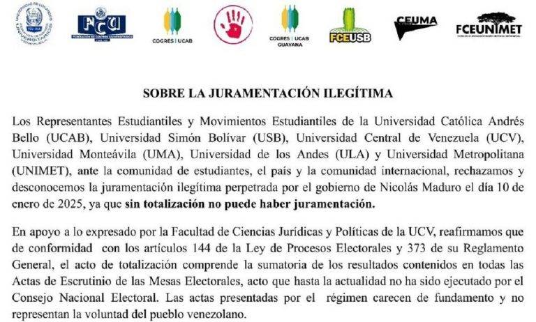 FOTOGRAFÍA. CARACAS (VENEZUELA), 10 DE ENERO DE 2025. La comunidad educativa de Venezuela constata un incumplimiento de la Constitución del país por parte d elas autoridades chavistas y considera "juramentación ilegítima" la toma de posesión del dictador Nicolás Maduro Moros. "Reafirmamos que de conformidad con los artículos 144 de la Ley de Procesos Electorales y 373 de su Reglamento General, el acto de totalización comprende la sumatoria de los resultados contenidos en todas las Actas de Escrutinio de las Mesas Electorales, acto que hasta la actualidad no ha sido ejecutado por el Consejo Nacional Electoral (CNE). Las actas presentadas por el régimen carecen de fundamento y no representan la voluntad del pueblo venezolano". Captura del comunicado/Lasvocesdelpueblo (Ñ pueblo)