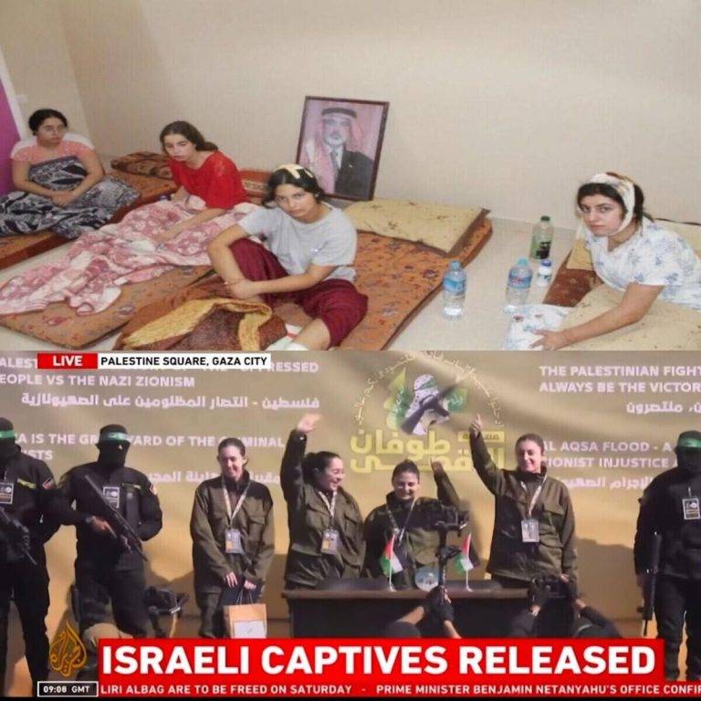 FOTOGRAFÍA. JERUSALÉN (ISRAEL)/GAZA (FRANJA DE GAZA), 25 DE ENERO DE 2025. Hamas ISIS incumple el acuerdo de tregua de Doha (Catar) y en vez de entregar a los civiles, devuelve a las militares que hacían su servicio militar obligatorio en la frontera, Daniella Gilboa, Karina Ariev, Liri Albag y Naama Levy después de 477 días de cautiverio (desde el 7 de octubre de 2023), en una acto de propaganda islamofascista de una banda de asesinos y violadores neonazis islamistas ya prácticamente sin rumbo y que solo puede sobrevivir por tener en su poder a los rehenes israelíes. El activista israelí Yoseph Haddad (@YosephHaddad) valora en sus redes sociales que: "Si hay un israelí que está sorprendido por el terror psicológico y el nivel de propaganda de Hamás, es un israelí que sigue prisionero del concepto del 6 de octubre y, por lo tanto, no me sorprende que, aunque nuestras observadoras fueron secuestradas en pijamas, Hamás se aseguró de vestirlos con uniformes militares y los obligó a subir al escenario, sonreír y despedirse". "Lo que hay que decir es que el equipo negociador israelí no supo traducir en fuerza política la petición militar y la disuasión israelí que nuestros heroicos soldados lograron en Oriente Medio y simplemente presentaron debilidad política y, sobre todo, una falta de comprensión de la situación. ¡Mentalidad de Medio Oriente!". Lasvocesdelpueblo (Ñ Pueblo)