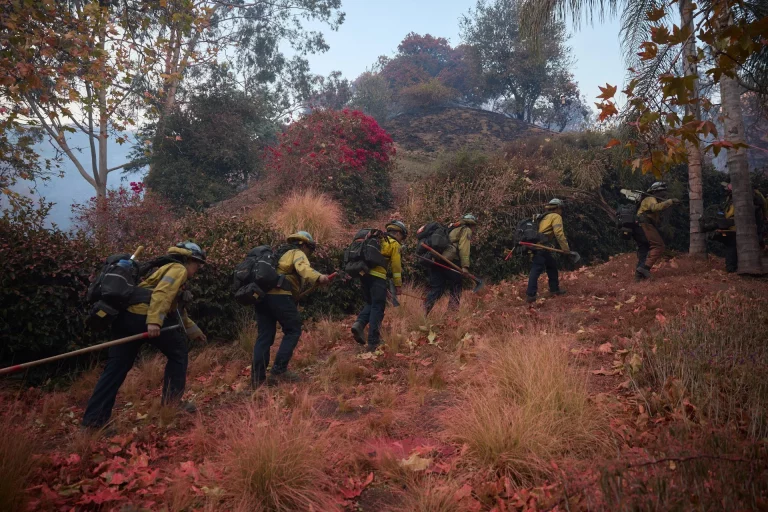 FOTOGRAFÍA. PALISADES (LOS ÁNGELES) ESTADOS UNIDOS DE AMÉRICA), 11 DE ENERO DE 2025. Los incendios arrasan Los Ángeles, donde hay 13 desaparecidos y 15.000 hectáreas quemadas. Los bomberos despliegan estructuras de defensa contra el incendio forestal Palisades en Los Ángeles, California (Estados Unidos de América). Efe