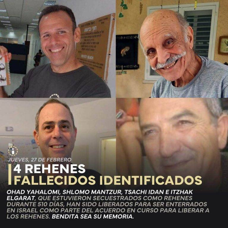 FOTOGRAFÍA. JERUSALÉN (ISRAEL), 27 DE FEBRERO DE 2025. "Ohad Yahalomi, Shlomo Mantzur, Tsachi Idan e Itzhak Elgarat han sido identificados como los 4 rehenes fallecidos que han regresado a Israel del cautiverio en Gaza. Las Fuerzas de Defensa de Israel (FDI) mandan su más sensato pésame a sus familiares y seres queridos. Bendita sea su memoria". Aseguran fuentes del Ejército de Israel Tzáhal en un comunicado este jueves. Tzáhal/Lasvocesdelpueblo (Ñ Pueblo)