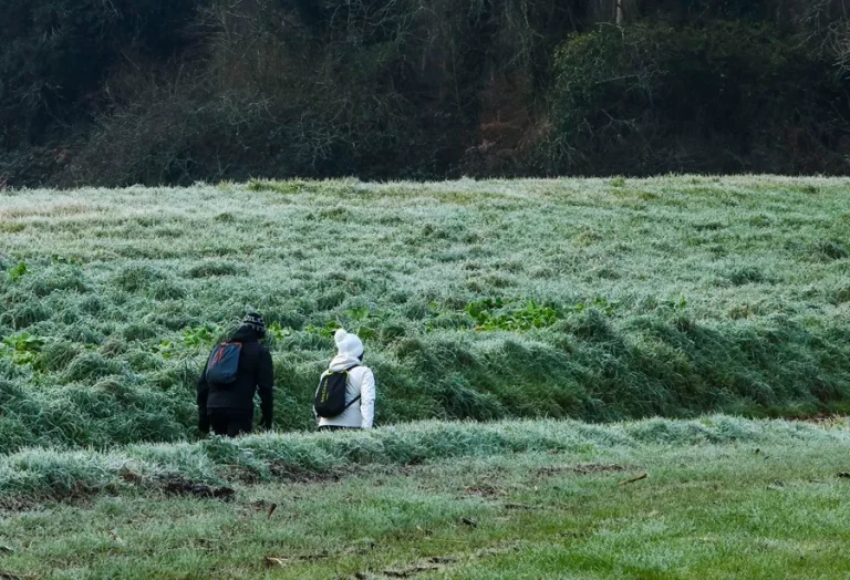 FOTOGRAFÍA. SANTIAGO DE COMPOSTELA (GALICIA) REINO DE ESPAÑA, 07 DE FEBRERO DE 2025. Dos personas pasean por el campo cubierto de escarchaen Santiago de Compostela, este sábado. Una masa de aire frío procedente de latitudes altas afectará sobre todo a Europa occidental, y en España dejará nevadas copiosas en zonas del norte peninsular al inicio del fin de semana, incluso por debajo de 700 metros, mientras un frente con lluvias generalizadas se desplazará al Mediterráneo y afectará a Baleares. Efe
