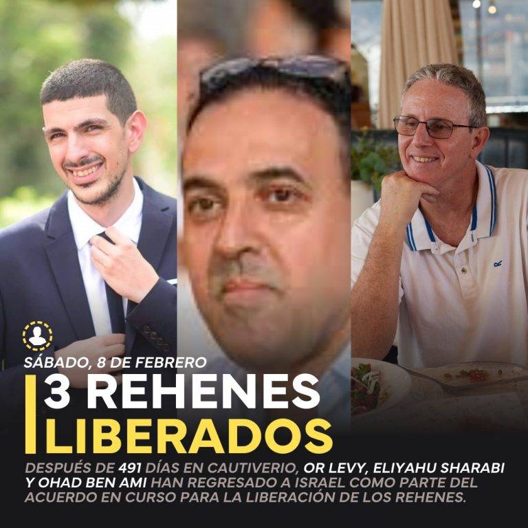 FOTOGRAFÍA. JERUSALÉN (ISRAEL), 08 DE FEBERRO DE 2025. Fuentes gubernamentales del Estado de Israel han asegurado este sábado que: "El Gobierno de Israel acoge con agrado a los tres rehenes entregados". "Las autoridades responsables han informado a sus familias de que se encuentran con nuestras fuerzas". "Lista de nuestros ciudadanos: Ohad Ben-Ami, O impuesto y Eliyahu Sharabi", después de que el grupo terrorista islamofascista y antisemita Hamas ISIS hay confirmado la entrega de los secuestrados tras 491 días de cautiverio en el califato islámico de Gaza. Tzáhal/Lasvocesdelpueblo (Ñ Pueblo)