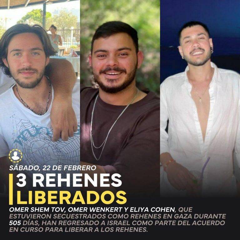 FOTOGRAFÍA. JERUSALÉN (ISRAEL), 22 DE FEBRERO DE 2025. Los grupos terroristas islamofascistas y antisemitas gazatíes, Hamas ISIS e Yihad Islámica Palestina, han entregado este sábado a los rehenes israelíes secuestrado el pasado sábado, 7 de octubre de 2023, Omer Shem Tov; Eliya Cohen y Omer Wenkert, tras 505 días en el cautiverio de califato islámico de Gaza. Tzáhal/Lasvocesdelpueblo (Ñ Pueblo)