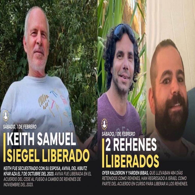 FOTOGRAFÍA. ISRAEL, 01 DE FEBRERO DE 2025. El grupo terrorista islamofascista y antisemita Hamas ISIS ha entregado este sábado al rehén estadounidense Keith Samuel Siegel y a los secuestrados israelíes Ofer Kalderon y Yarden Bibas, después de 484 días de cautiverio en el califato islámico de Gaza, desde el pasado día festivo en la Tierra santa (Shabat), sábado 7 de octubre de 2023, cuando en un ataque sin precedentes por tierra, mar y aire, al menos 3.000 terroristas antiisraelíes invadieron el sur país hebreo, desde la frontera con la franja costera gazatí, asesinando a 1.200 civiles, fuerzas de seguridad y jóvenes "soldados" que cumpían su servicio militar obligatorio; además de violaciones sexuales masivas, como "castigos o humillaciones" islámicas y secuestro de víctimas heridas o muertas (al menos 240 personas, entre ellas extranjeros). Lasvocesdelpueblo (Ñ Pueblo)