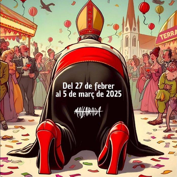 FOTOGRAFÍA. TARRASA (BARCELONA) CATALUÑA (REINO DE ESPAÑA, 08 de febrero de 2025. Detalle del polémico cartel del Carnaval 2025 de la ciudad de Tarrasa (Barcelona). VOX tacha de "cristianófobo" al Gobierno WOKE del exmiembro del PSC/PSOE, Jordi Ballart Pastor, por "pagar con el dinero de todas ofensas a los católicos que no toleraría con ninguna otra confesión religiosa". Ayuntamiento Tarrasa/Lasvocesdelpueblo (Ñ Pueblo)
