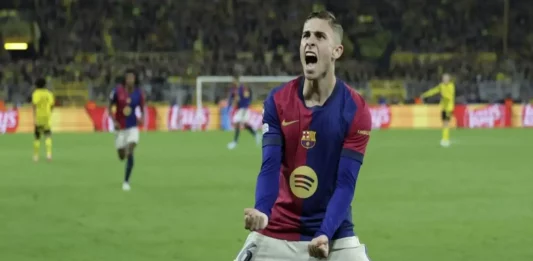 FOTOGRAFÍA. DORTMUND (ALEMANIA), 15 DE ABRIL DE 2025. Fermin López celebra un autogol durante el partido de de vuelta de cuartos de final de la UEFA Champions League entre Borussia Dortmund y FC Barcelona, en Dortmund, Alemania. Efe