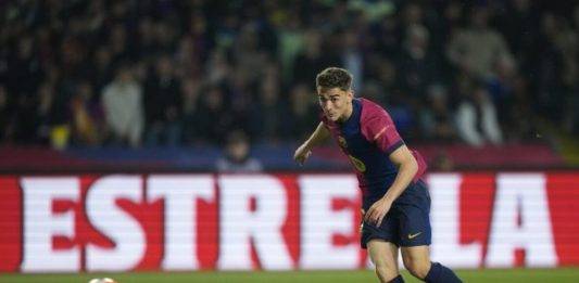 FOTOGRAFÍA. BARCELONA (REINO DE ESPAÑA), 05 DE ABRIL DE 2025. El centrocampista del FC Barcelona, Pablo Páez Gavira (Gavi), consigue el primer gol de su equipo en el encuentro correspondiente a la jornada 30 de Laliga EA Sports que disputaron FC Barcelona y Betis en el Estadio Olímpico Lluis Companys de Barcelona. Efe