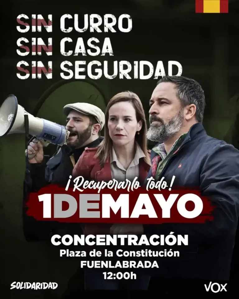 FOTOGRAFÍA. BARCELONA (REINO DE ESPAÑA), 26 DE ABRIL DE 2025. El presidente de VOX y Patriots of Europe, Santiago Abascal Conde (d); la portavoz de VOX en la Asamblea de Madrid y Portavoz Nacional de Agenda España, Isabel Pérez Moñino-Aranda (c); junto al presidente del Sindicato SOLIDARIDAD para la Defensa de los Trabajadores de España, Rodrigo Alonso Fernandez; y al secretario general de Solidaridad, Jordi Albert de la Fuente Miró (Jordi de la Fuente) (i); participarán el próximo jueves, 1 de mayo de 2025, a la concentración convocada por esta organización sindical patriota española, bajo lema "¡Recuperarlo todo! 1 de Mayo porque, dice el cartel, las políticas globalistas y WOKE del bipartidismo (Partido Popular y Partido Socialista) ya han dejado a la juventud española "sin curro (trabajo), sin casa y sin seguridad". Lasvocesdelpueblo (Ñ Pueblo)