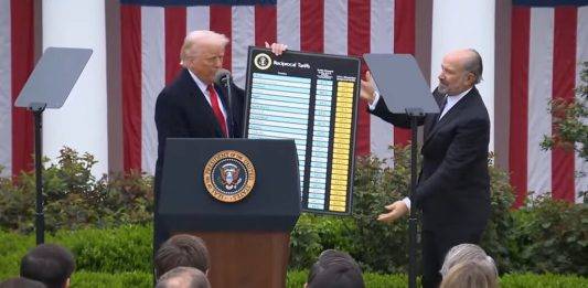 FOTOGRAFÍA. WASHINGTON (ESTADOS UNIDOS DE AMÉRICA), 02 DE ABRIL DE 2025. La 47° Administración Donald John Trump/James David Vance firma el Memorando de la "indepencia económica" de United States of America con los Impuestos sobre Valor Añadido (IVA)/arranceles globales, desde 10 % hasta el 34 %, dependiendo de la relación política y económica con los países afectados. "HAGAMOS QUE ESTADOS UNIDOS SEA RICO DE NUEVO! Este es uno de los días más importantes... en la historia de Estados Unidos; es nuestra Declaración de Independencia Económica. Durante años, los ciudadanos estadounidenses trabajadores se vieron obligados a mantenerse al margen... Pero ahora es nuestro momento de prosperar". Así ha declarado Trump durante la firma del Memorando. Lasvocesdelpueblo (Ñ Pueblo)